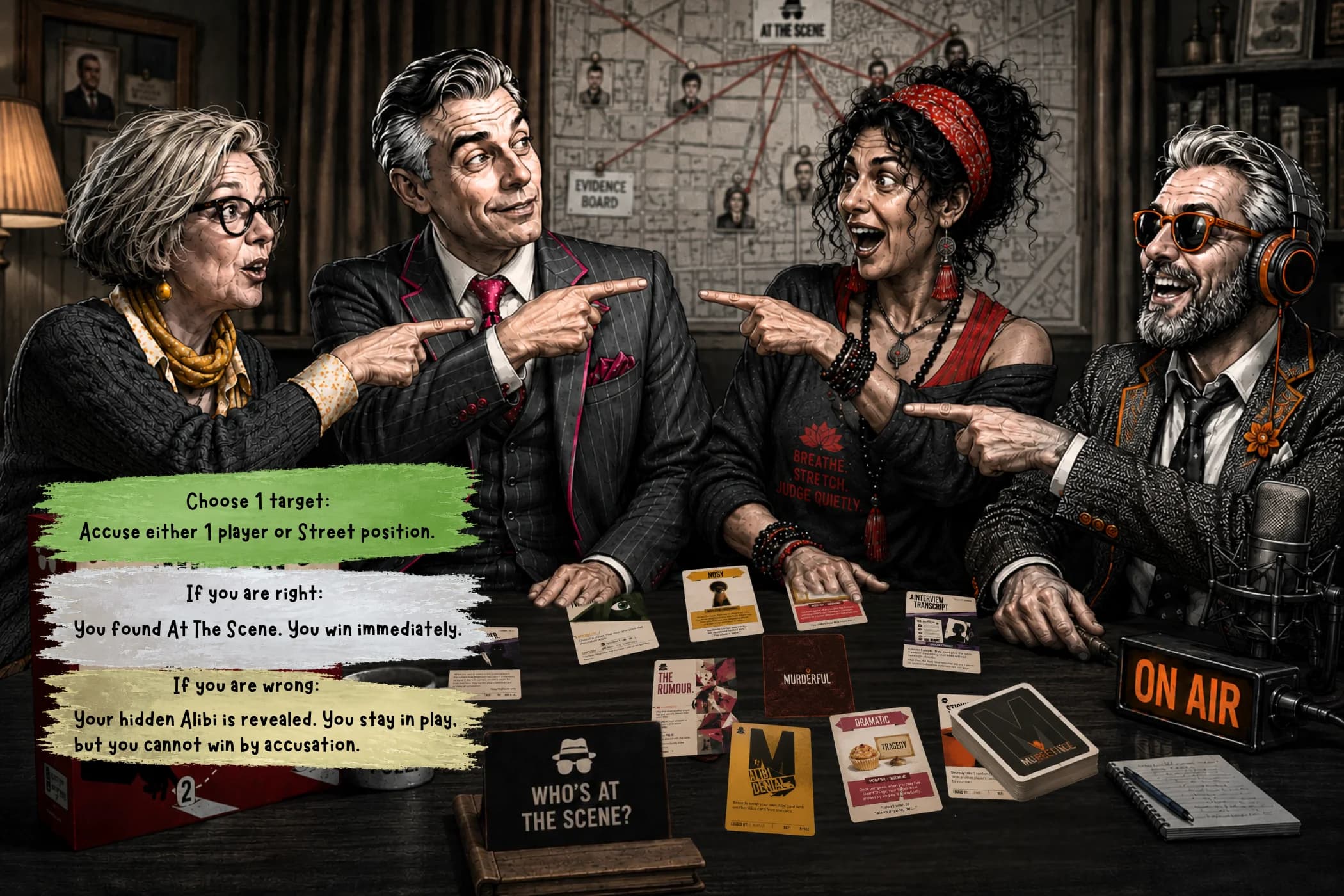 A Murderful accusation moment showing neighbours pointing across the table with the accusation rules overlaid.